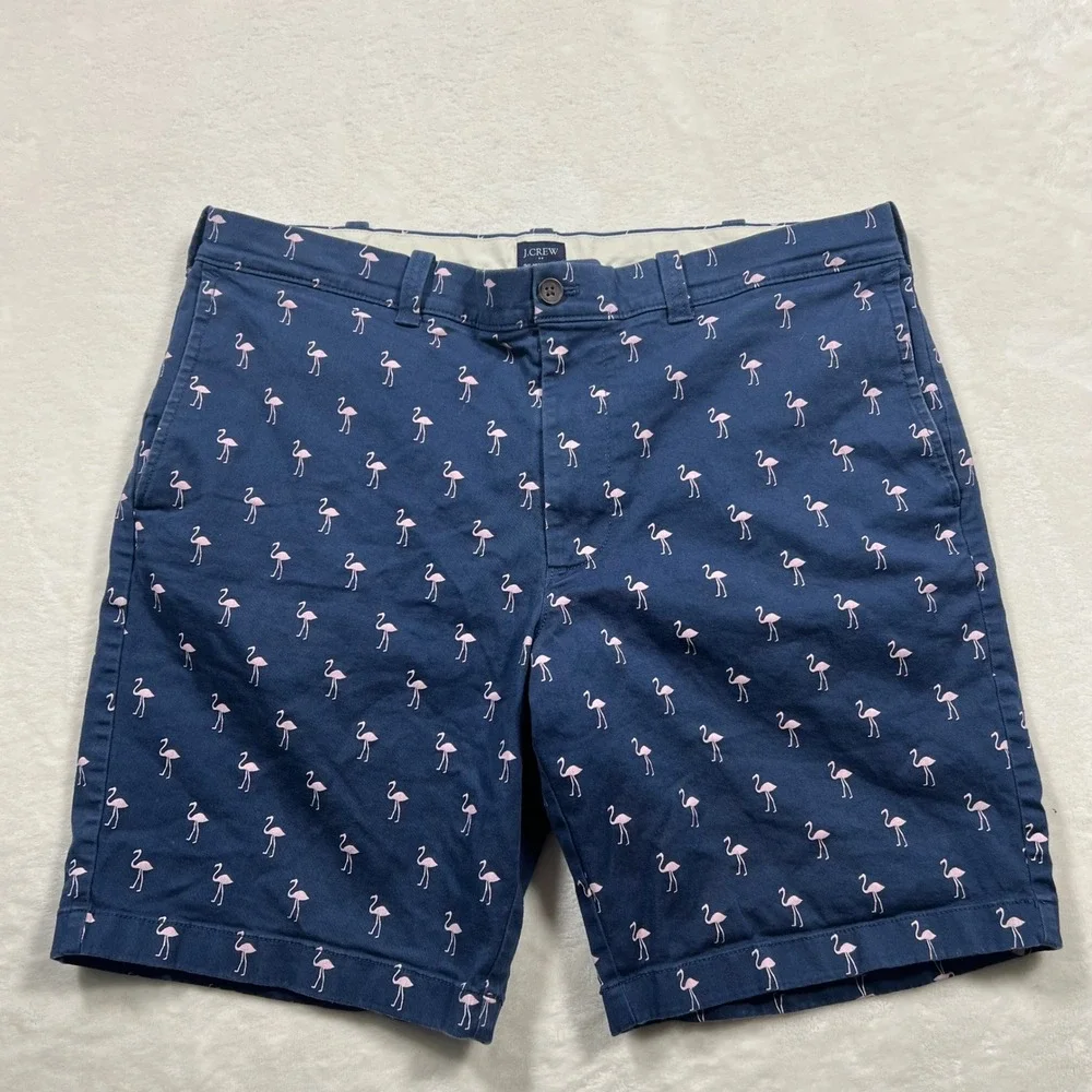 J Crew Mens 36 Navy Blue Pink Flamingo Embroidered Chino Shorts 9 Inseam Cotton